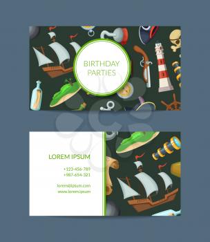Vector cartoon sea pirates business card template for birthday parties event manager illustration