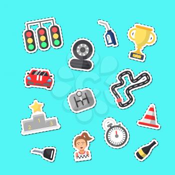 Vector flat car racing icons stickers of set illustration isolated on blue