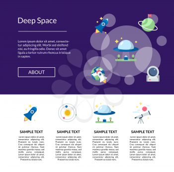 Vector flat space icons landing page template illustration. Web banner for website