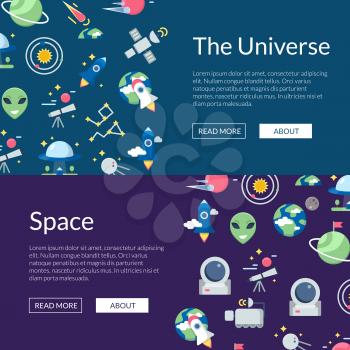 Vector flat space icons web banner templates illustration. Poster with planet and rockets