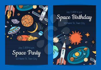 Vector invitation for birthday party with hand drawn space elements illustration. Card with galaxy space, rocket ship and sun