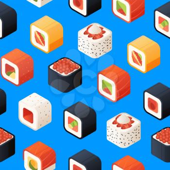 Vector isometric sushi pattern or background illustration. 3d food traditional