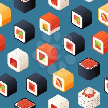 Vector isometric sushi pattern or background illustration. Colored pattern food