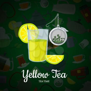 Vector cartoon tea kettles and cups background with place for text illustration