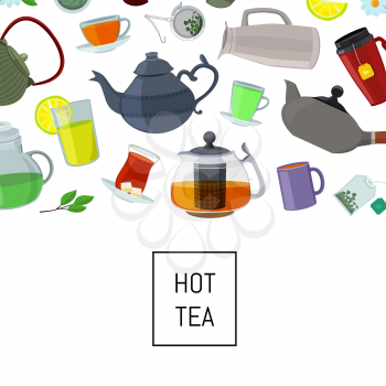 Banner and poster vector cartoon tea kettles and cups background with place for text illustration