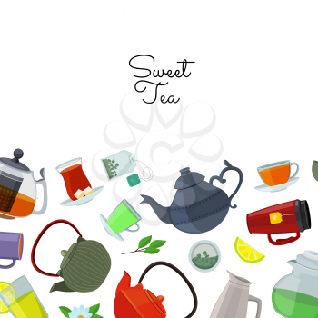 Vector cartoon tea kettles and cups background with place for text illustration