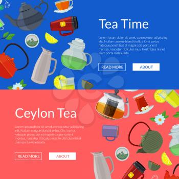 Vector cartoon tea kettles and cups web banner templates illustration. Colored web banner and poster