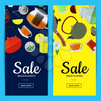 Vector cartoon tea kettles and cups web banner and poster templates illustration