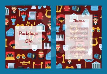 Vector flat theatre icons card or flyer template illustration. Banner and poster with colored pattern
