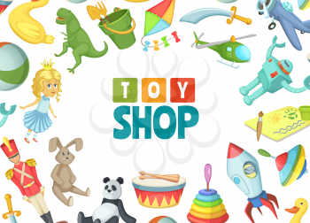 Vector cartoon children toys background with place for text illustration. Toy child for play and game, kids shop banner