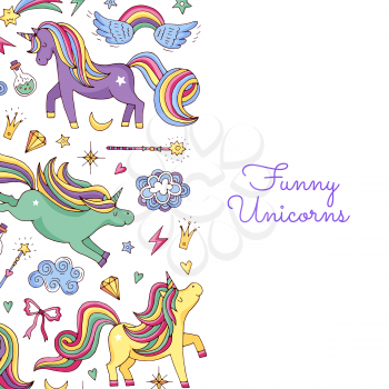 Vector cute hand drawn magic unicorns and stars background with place for text illustration. Banner and poster colored
