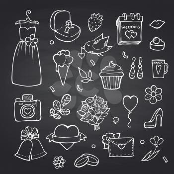 Vector doodle wedding elements set on black chalkboard background illustration. Wedding chalkboard doodle element, flower and shoes, bell and envelope