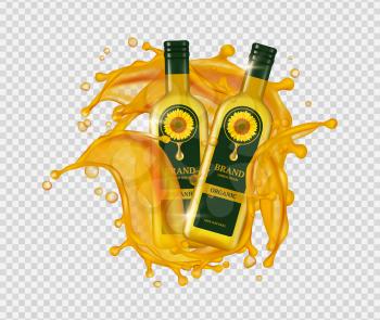 Sunflower oil. Vector realistic oil bottles gold drops and splashes. Illustration gold yellow oil bottle, sunflower organic and liquid