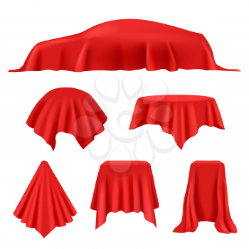 Red silk covered. Revealer cloth realistic exhibition curtains royal cover studio display vector collection. Presentation red fabric satin, advertising and surprise opening illustration