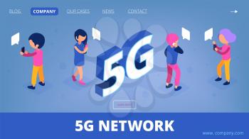 5g isometric. Vector wireless net landing page. 3D people characters with smartphones. Illustration isometric 5g, wireless communication network