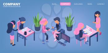 Business people landing. Managers, office male and female isometric characters. Business communication, teamwork vector banner. Business people man and woman at workplace illustration