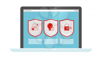 Data protection. Web security shields on laptop screen. Vector computer - internet safety icons. Illustration safety computer, security shield