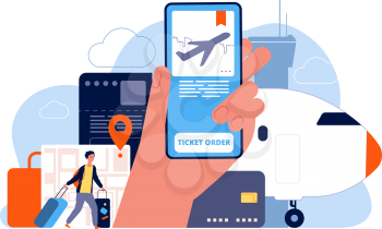 Booking tickets. Plane reservation online ordered flights service vector concept picture. Ticket service, buy with application or reservation for tourism illustration
