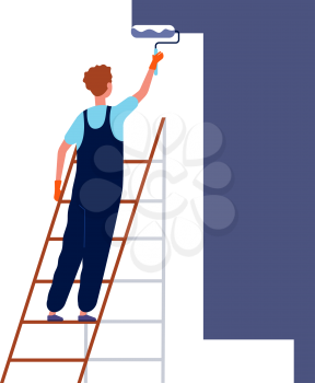 Worker painting wall. Home repair service man in special professional costume standing on ladder and painting renovation house room vector. Illustration worker paint wall, work handyman