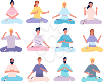 Meditation characters. Male and female person yoga poses sitting in pilates class vector flat persons. Male and female yoga exercise, character pose meditation illustration