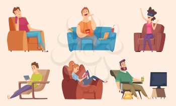 Sedentary lifestyle. Man and woman sitting relaxing eating food lazy working fat unhealthy characters watching tv vector cartoon. Woman and man sitting on sofa at home illustration