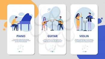 Music mobile app pages. Piano violin guitar vocal vector concept. Flat musicians and singer, musical instruments banners. Singer and play guitar illustration, voice and acoustic