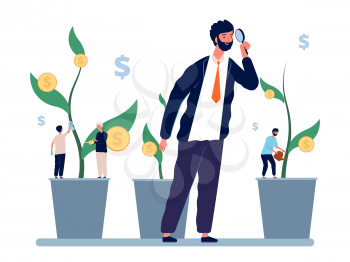 Investment management. Businessman investor explores income growth. Manager and employees, business owner observes profit vector concept. Businessman get profit, investor and money illustration