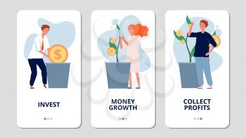 Investments. Online investment bank app pages. People grow money, collect profits. Money growth vector banners. Illustration investment and finance growth page for app mobile