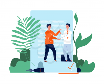 Young businessman. Business contract, modern young people shake hands. Conclusion of agreement, manager and consumer vector illustration. Partnership success, handshake and meeting cooperation