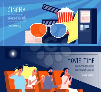 Cinema people banners. Happy couple watching films sitting in cinema hall vector concept. Illustration cinema movie, banner film entertainment