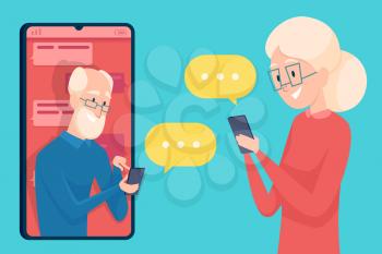 Old person messaging. Smartphone dialog dating of older person male and female online call talking elderly characters vector concept. Illustration woman and man elderly web communication