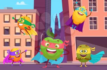 Superheroes in city. Urban landscape with fruits characters in action poses healthy food heroes vector background. Superhero fruit, orange and apple, healthy superpower illustration