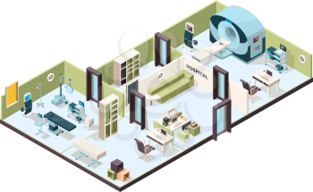 Clinic interior. Hospital office modern waiting rooms inside buildings room with furniture vector isometric. Illustration medical inside hospital interior 3d