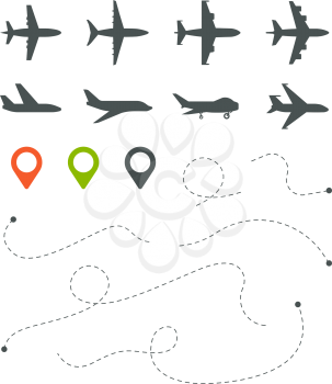 Plane route. Flight directionally striped lines sky trace for travel vector symbols set. Illustration trip flight and travel, aircraft transport
