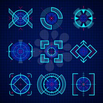 Optical aim. Uix of sniper guns game weapon focuses futuristic technology vector set hud style. Sniper cross aiming, shot weapon interface game illustration