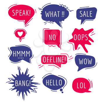 Speech bubbles text. Thinking words and phrase sound humor sticker communication tags speaking expression comic vector cartoon bubbles. Illustration cloud humor communication, bubble and balloon