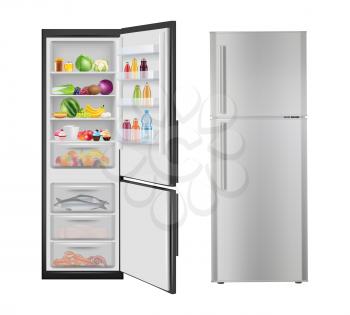 Fridge with food. Opening realistic refrigerator with fresh healthy products electric modern home appliances vector. Illustration fridge and refrigerator with food