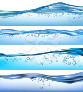Wave realistic. Nature ocean water splashes liquid flowing bubbles drinks vector waves set. Sea aqua, water transparent surface, wave clear illustration