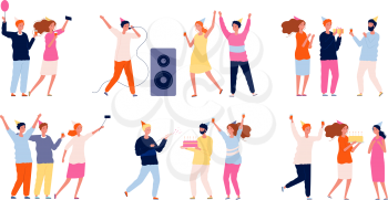 Party people. Friends at birthday celebrating dancing playing and eating have a fun vector characters. Happy people man and woman, dancing group illustration