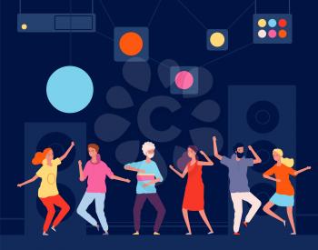Night club dancers. Young happy people fun at dance halls vector nightlife concept. Night dancer party, disco club music illustration