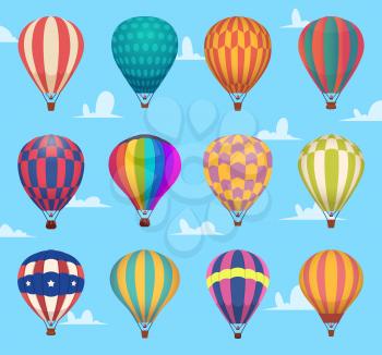 Air balloons. Festival romantic flight outdoor hot air balloons aircraft transport vector cartoon set. Collection hot air balloons flying, exploration and journey illustration