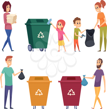 Sorting garbage. People recycling and cleanup garbage natural protect nature metal papers glass separation vector cartoon people. Trash garbage, waste segregation, contamination rubbish illustration