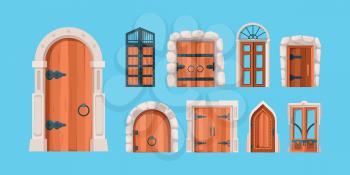 Medieval doors. Ancient wooden and steel doors old building wall mysterious portal vector gates in flat style. Medieval wooden door, ancient gate for castle illustration