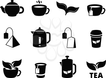 Black tea icons. Brewing herbal hot drinks iced and leaves vector pictogram set. Hot beverage in cup, breakfast tea green and black illustration