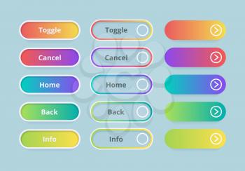 Gradient buttons. Web ui elements colored template vector action buttons set. Toggle and cancel buttons, kit menu glowing illustration