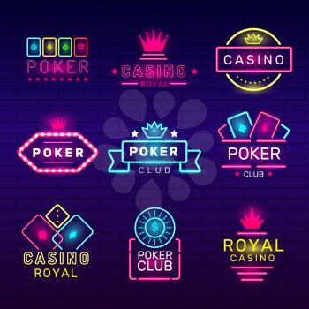 Poker club neon badges. Casino game stamps light logos nightclub vector collection. Illustration gambling nightclub emblem, game and fortune