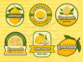 Lemonade badges. Retro labels with lemon illustrations vector design emblem for juice. Label emblem, fruit lemonade, juice fresh drink illustration