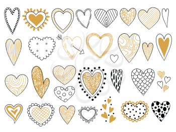 Heart sketch. Love symbols valentine day elements graphic shapes doodle vector set. Illustration sketching and scribble drawn gold hearts form