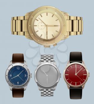 Men watches. Luxury style expensive bracelets with modern wrist watches vector realistic set. Clock wrist, watch expensive accessory illustration