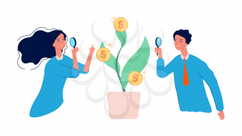 Growing money. Business prosperity concept. Planting coins, successful start up. Young businesspeople study profitability, investment and revenue vector illustration. Financial prosperity business